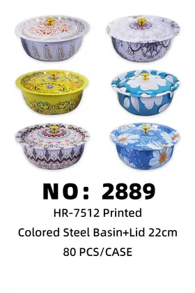 NO：2889 印花彩色铁盆加盖22cm 80PCS/CASE